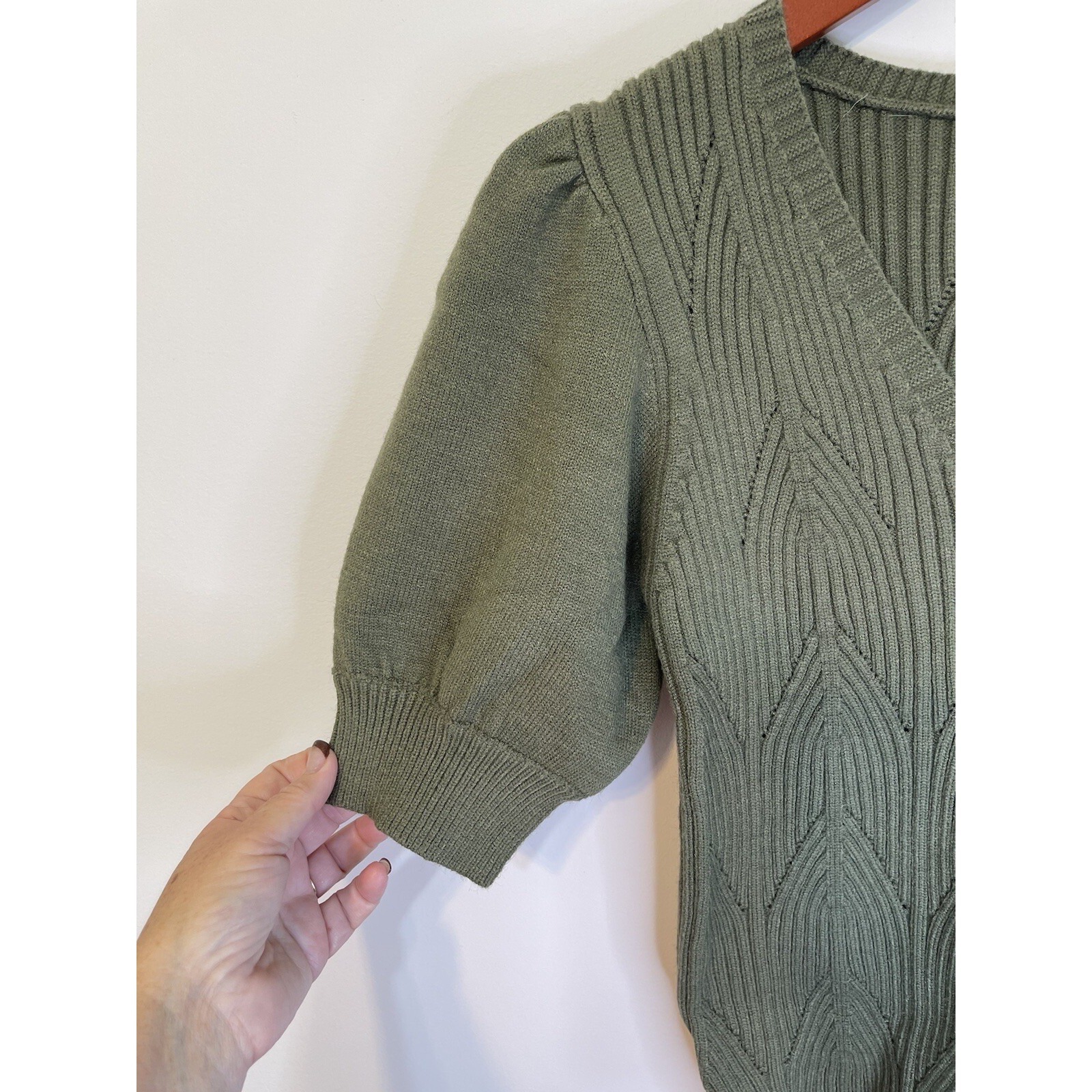Shop Stevie Sweater Geometric Ribbed Olive Short Puffed Sleeve Feminine L — image 3 of 8